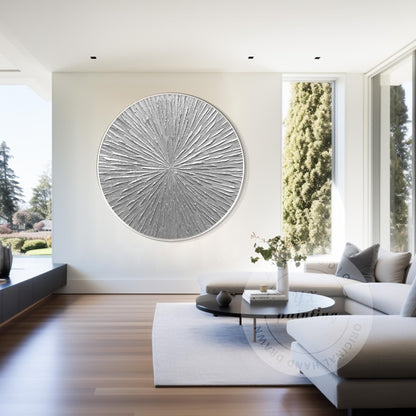 Round Silver Leaf 3D Textured Wall Art: Framed Nordic Painting #4