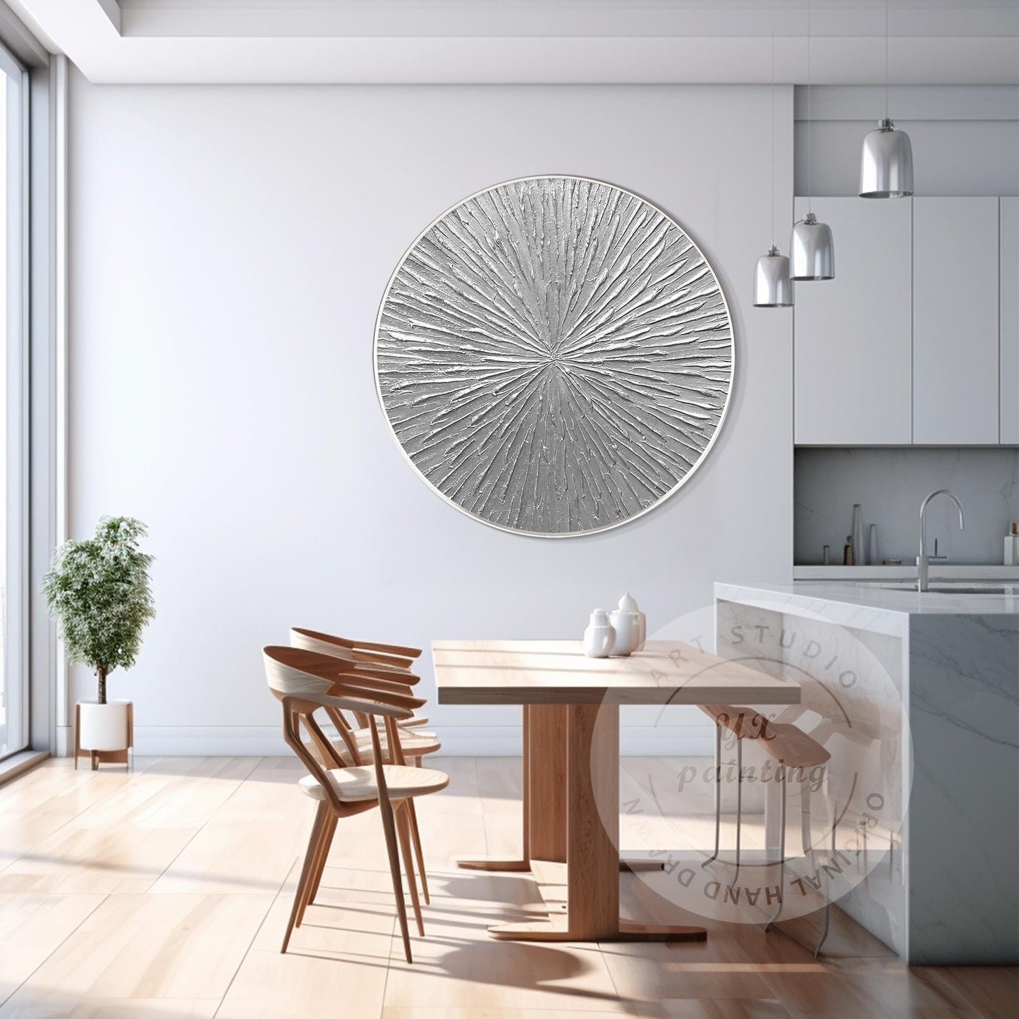 Round Silver Leaf 3D Textured Wall Art: Framed Nordic Painting #5