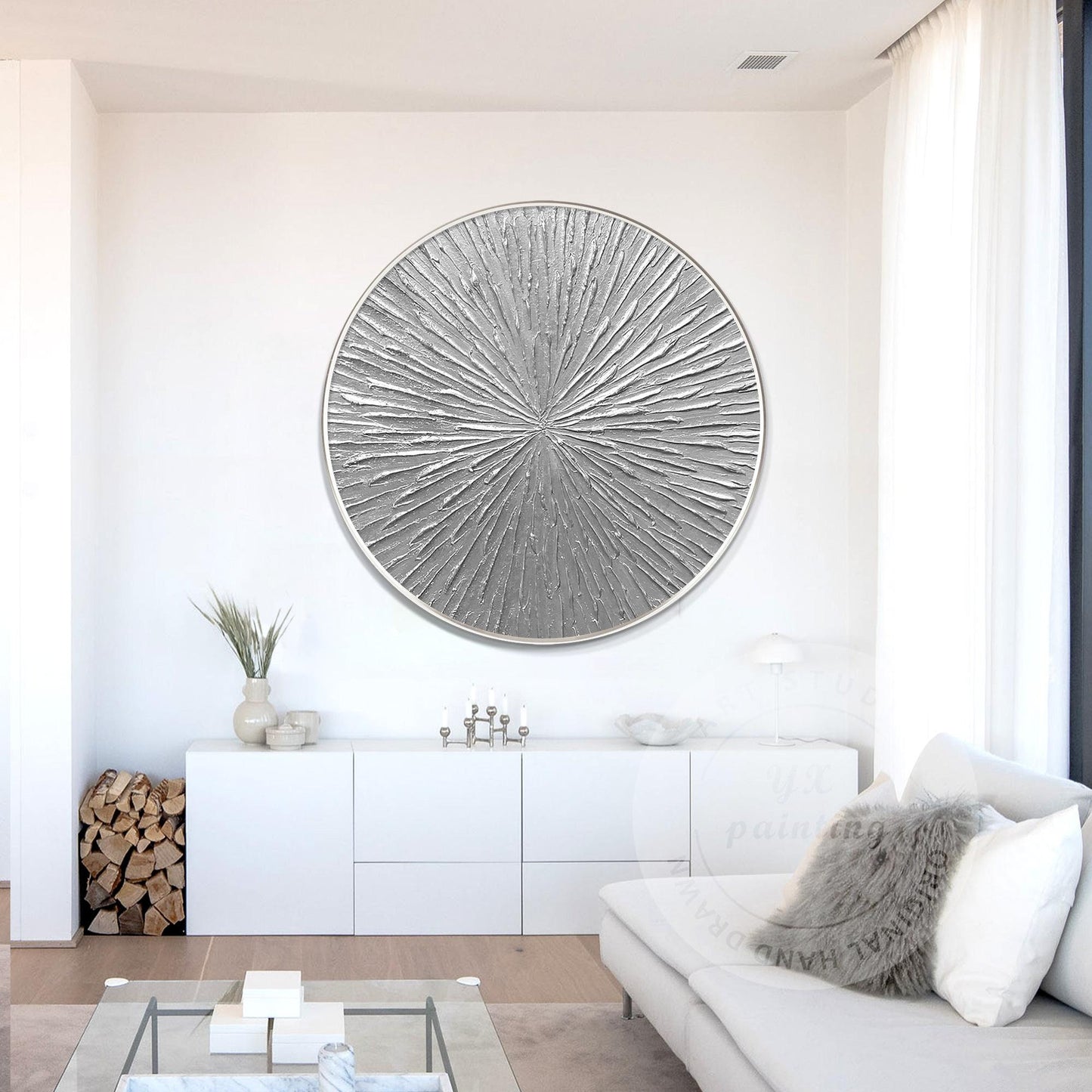 Round Silver Leaf 3D Textured Wall Art: Framed Nordic Painting #1