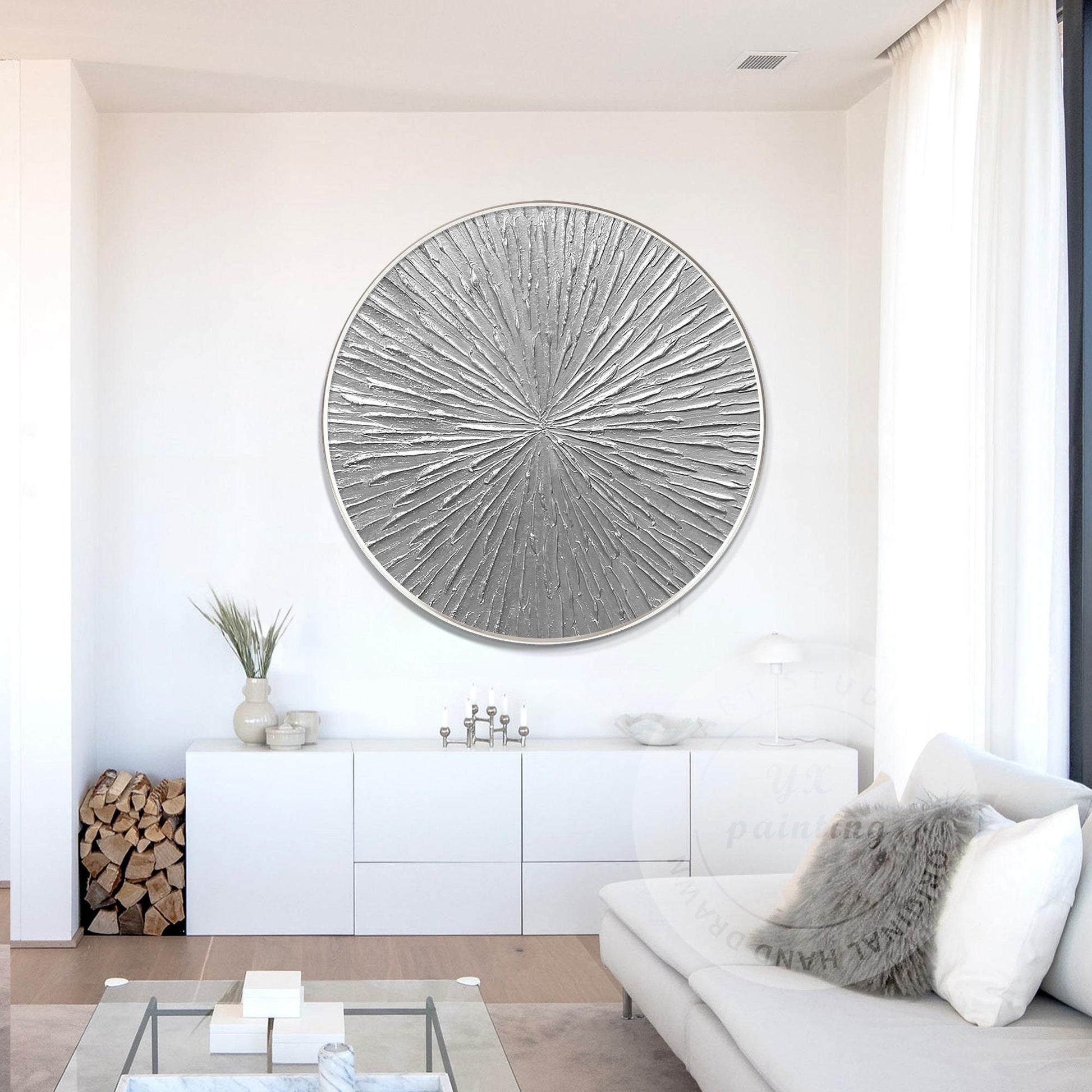 Round Silver Leaf 3D Textured Wall Art: Framed Nordic Painting #1