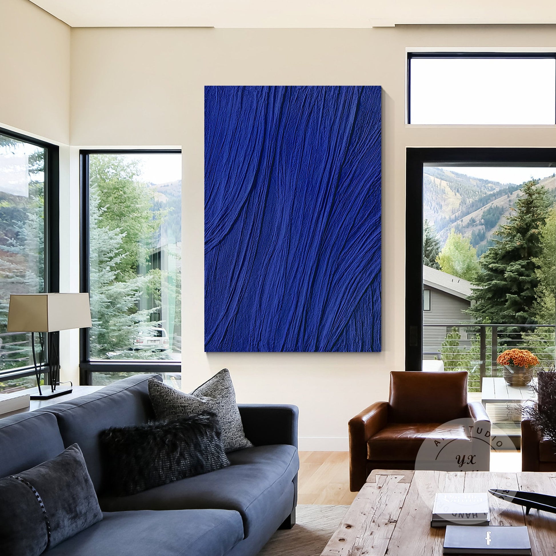 Royal Blue Texture Painting on Canvas: Minimalist Framed Wall Art #3