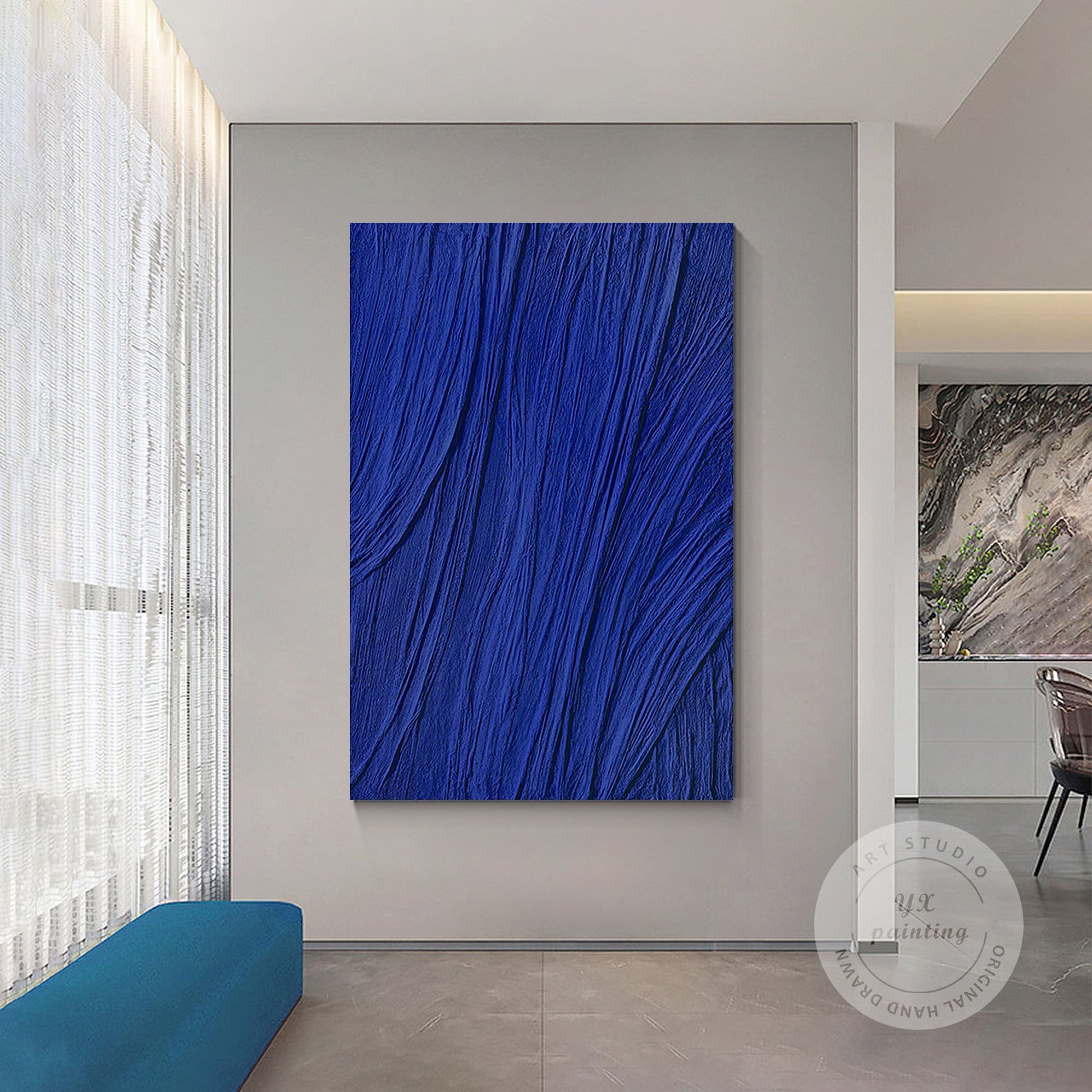 Royal Blue Texture Painting on Canvas: Minimalist Framed Wall Art #4