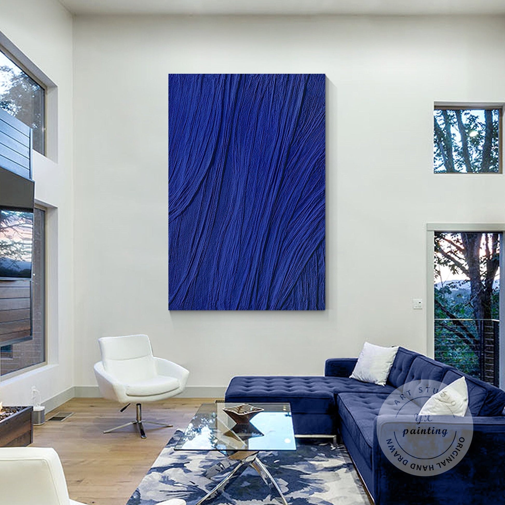 Royal Blue Texture Painting on Canvas: Minimalist Framed Wall Art #1