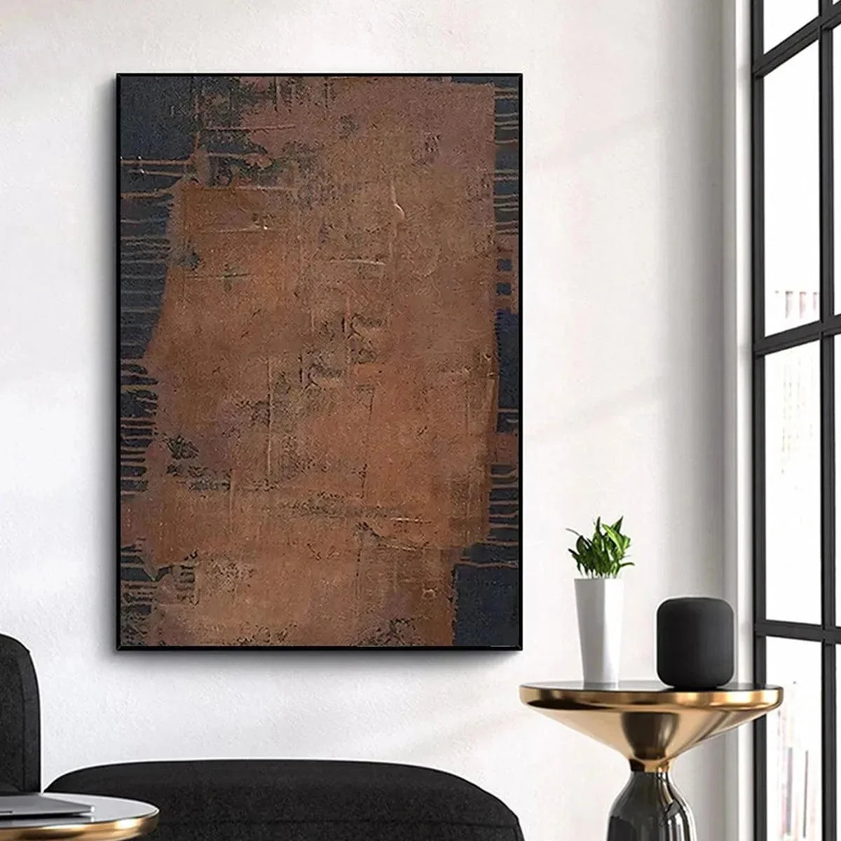 RUSTIC TEXTURE: Textured Abstract Painting in Brown | gold frame stretched on neutral wall