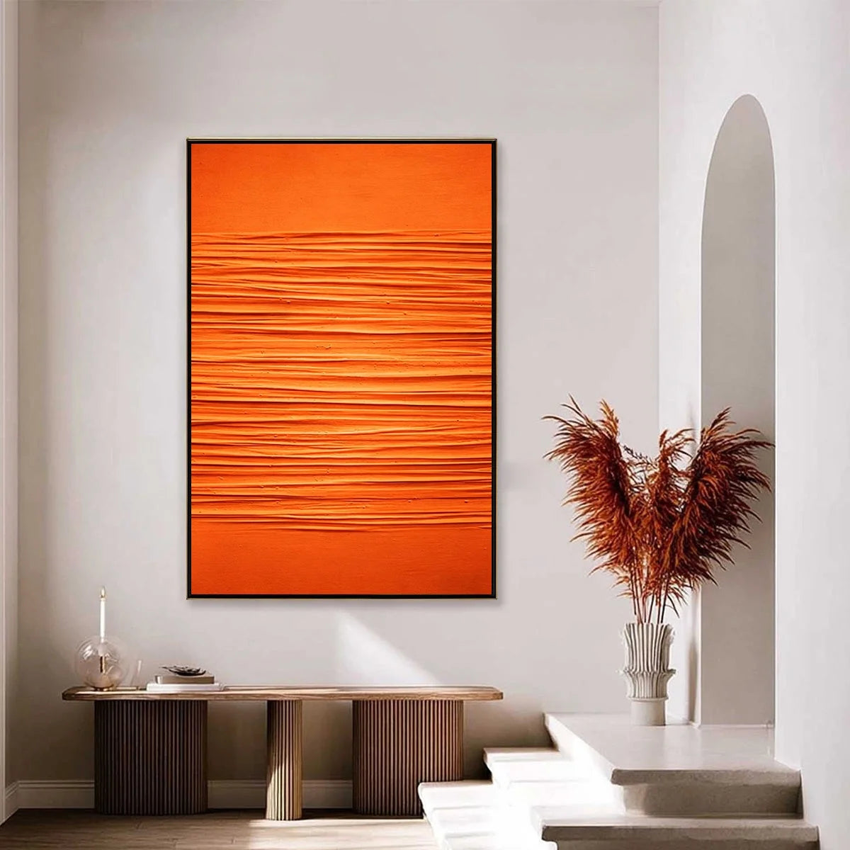 SAFFRON RHYTHM: Vibrant Textured Minimalist Orange Painting | gold frame stretched on neutral wall