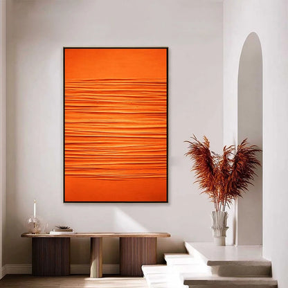 SAFFRON RHYTHM: Vibrant Textured Minimalist Orange Painting | gold frame stretched on neutral wall