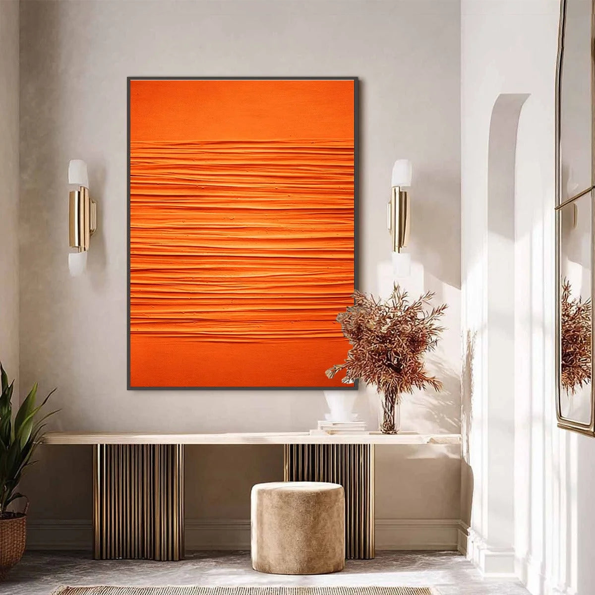 SAFFRON RHYTHM: Vibrant Textured Minimalist Orange Painting | black frame version on white wall