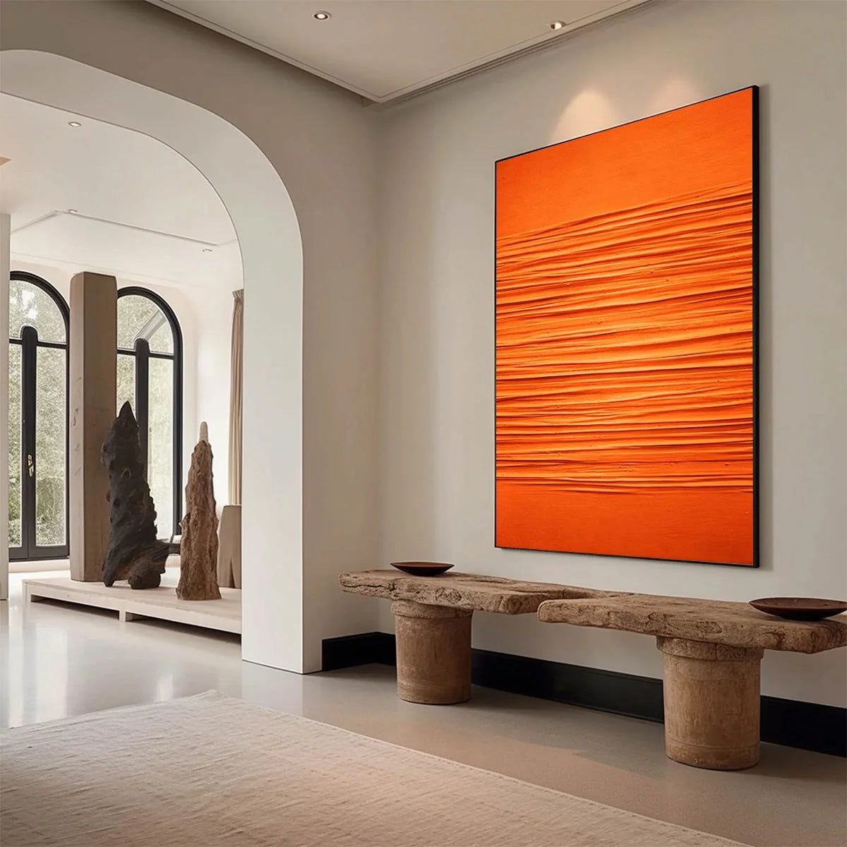 SAFFRON RHYTHM: Vibrant Textured Minimalist Orange Painting | Minimalist mood, soft natural light studio shot