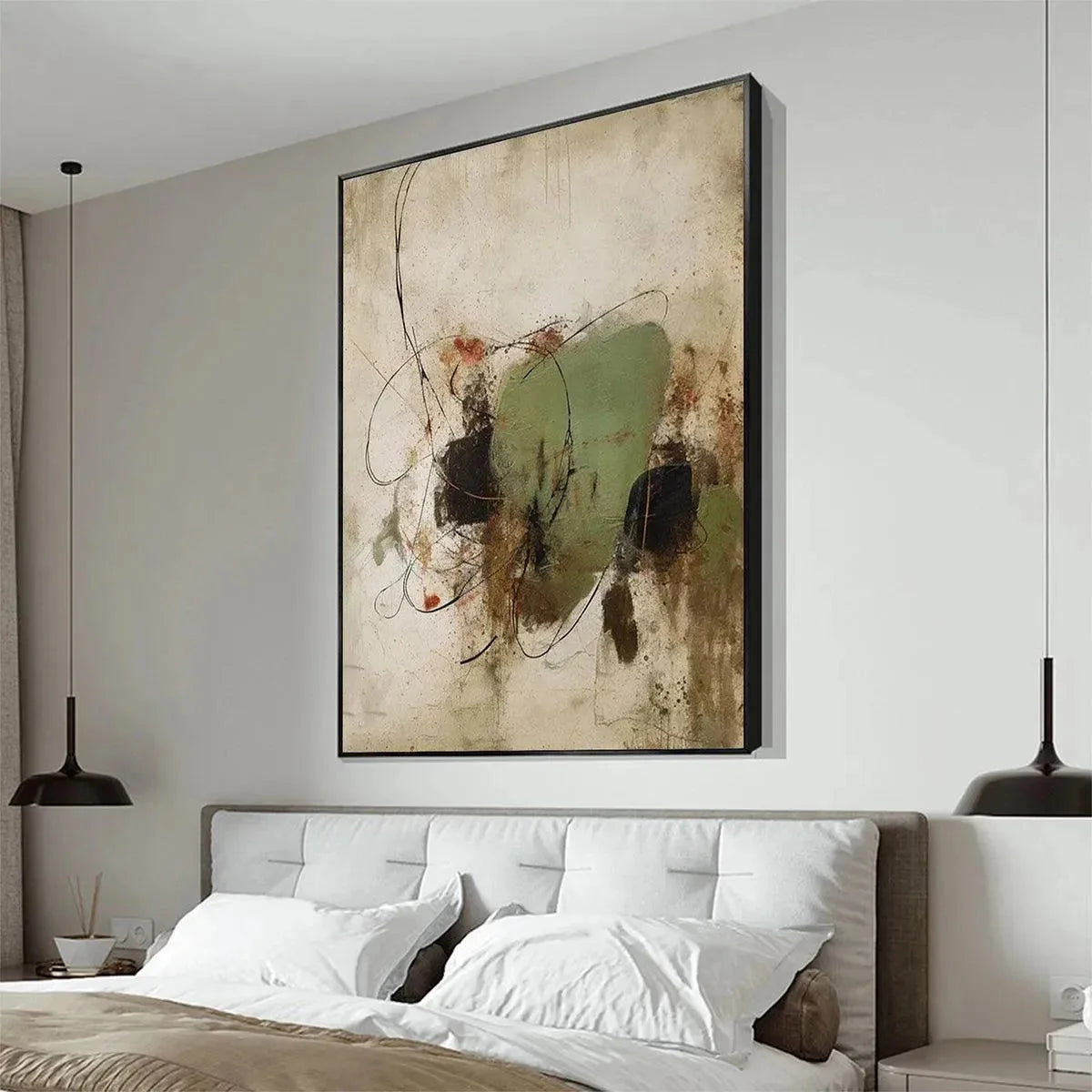 SAGE ABSTRACT: Minimalist Abstract Painting, Vertical Wall Art | gold frame stretched on neutral wall