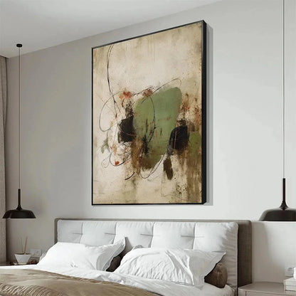 SAGE ABSTRACT: Minimalist Abstract Painting, Vertical Wall Art | gold frame stretched on neutral wall