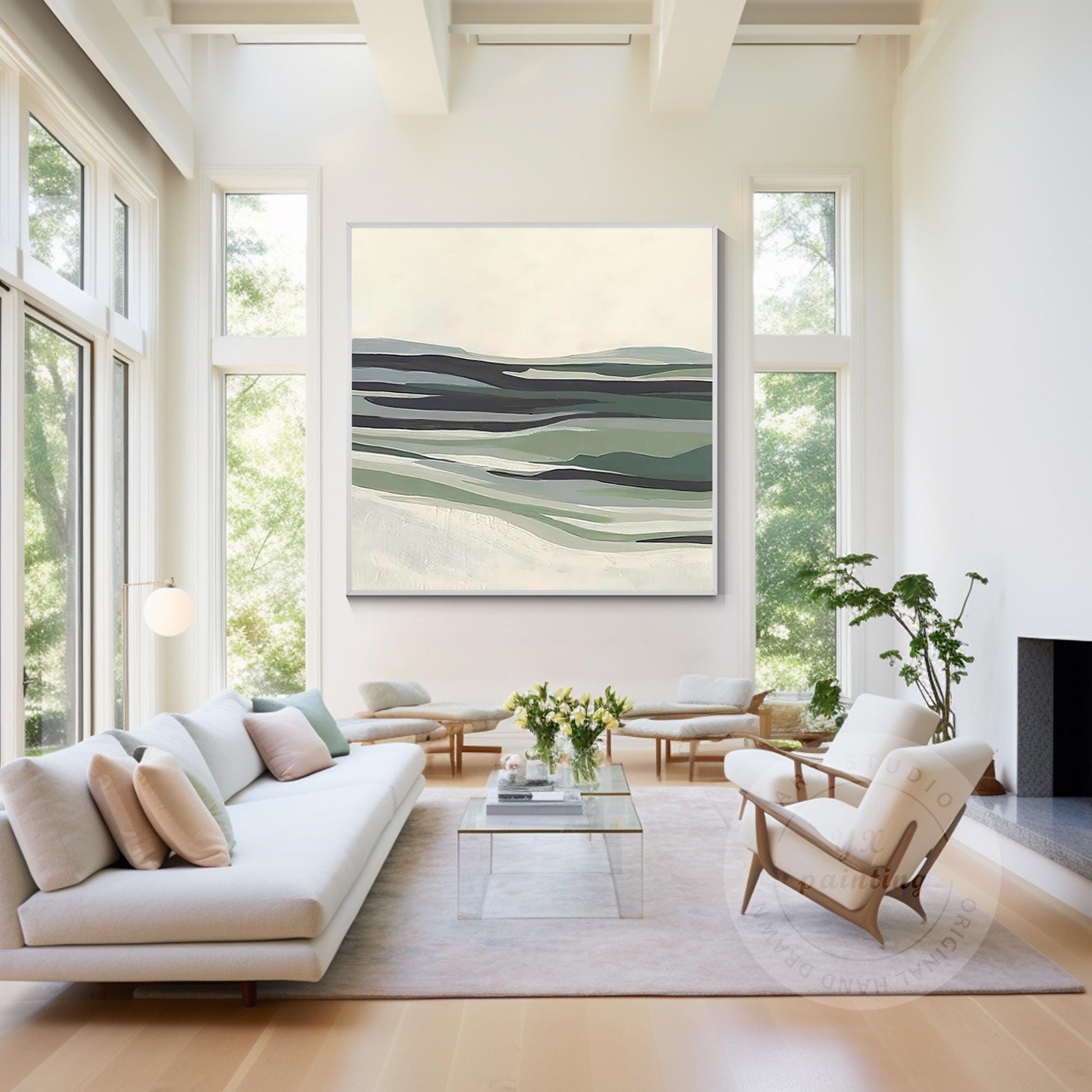 Sage Green Abstract Landscape Painting: Modern Framed Canvas Wall Art #2