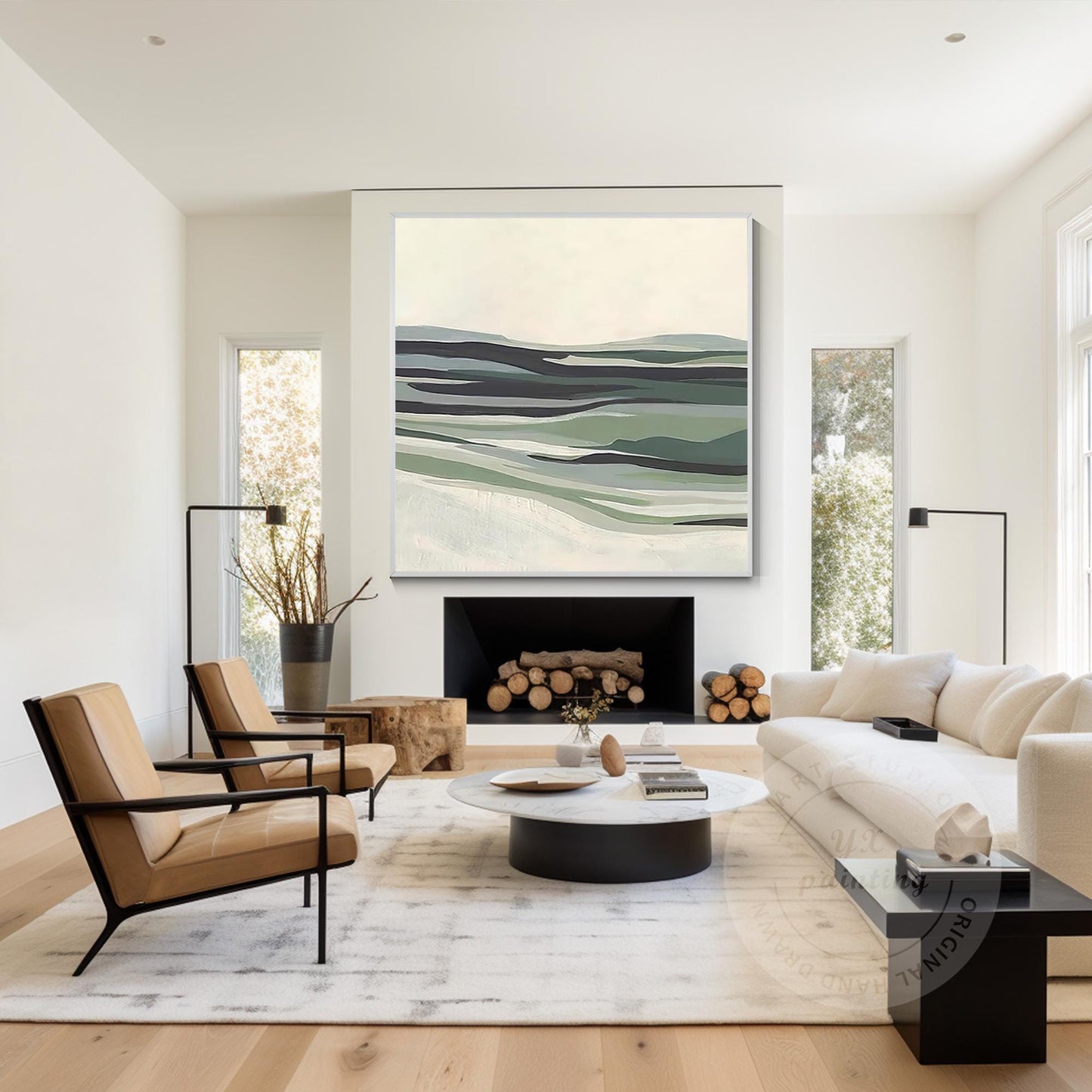 Sage Green Abstract Landscape Painting: Modern Framed Canvas Wall Art #3