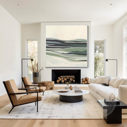 Sage Green Abstract Landscape Painting: Modern Framed Canvas Wall Art #3