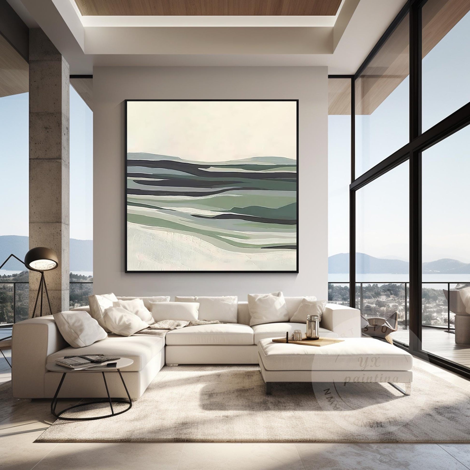 Sage Green Abstract Landscape Painting: Modern Framed Canvas Wall Art #4