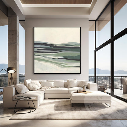 Sage Green Abstract Landscape Painting: Modern Framed Canvas Wall Art #4