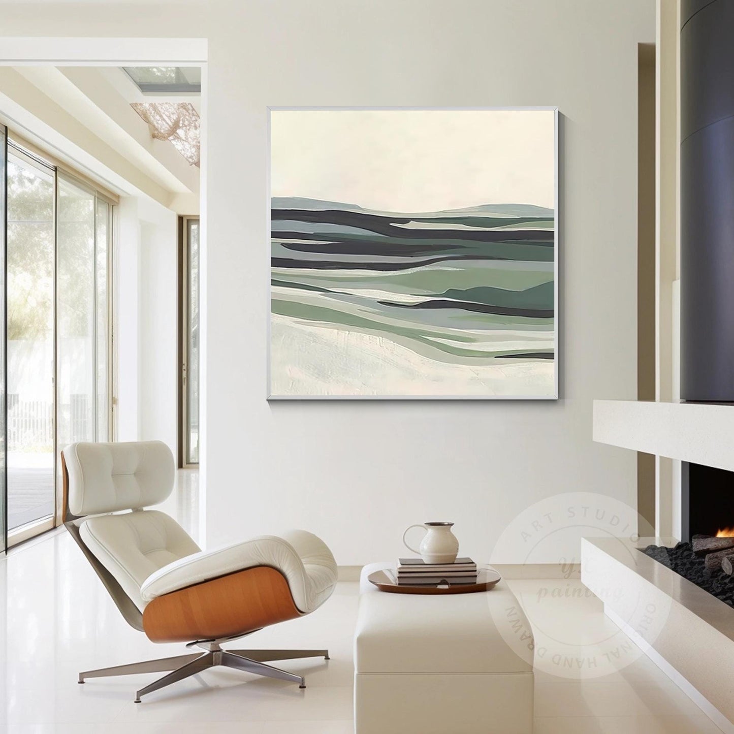 Sage Green Abstract Landscape Painting: Modern Framed Canvas Wall Art #5
