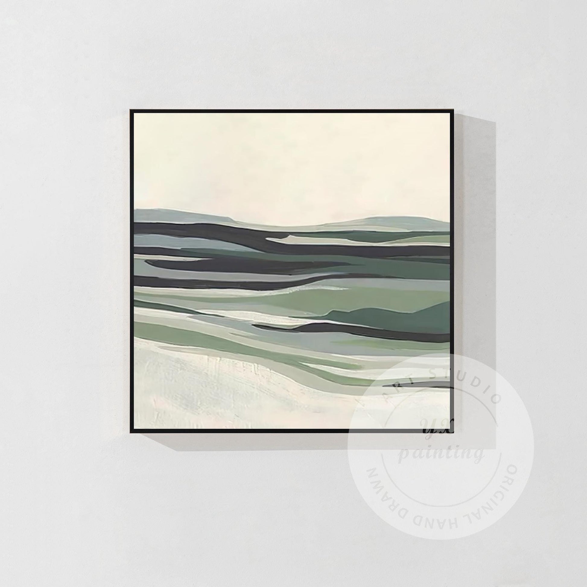 Sage Green Abstract Landscape Painting: Modern Framed Canvas Wall Art #6