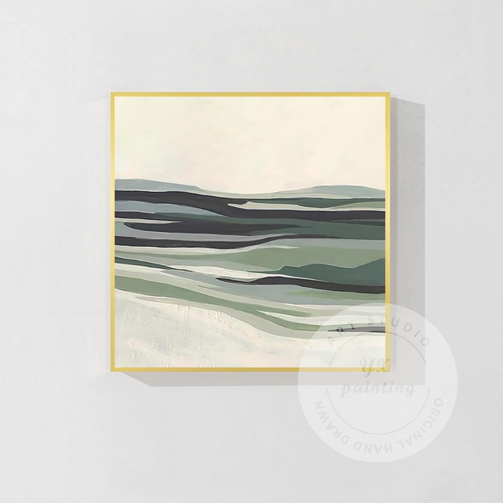 Sage Green Abstract Landscape Painting: Modern Framed Canvas Wall Art #7