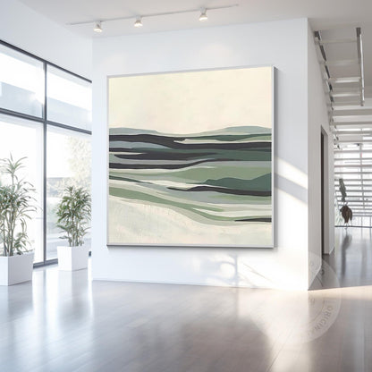 Sage Green Abstract Landscape Painting: Modern Framed Canvas Wall Art #1