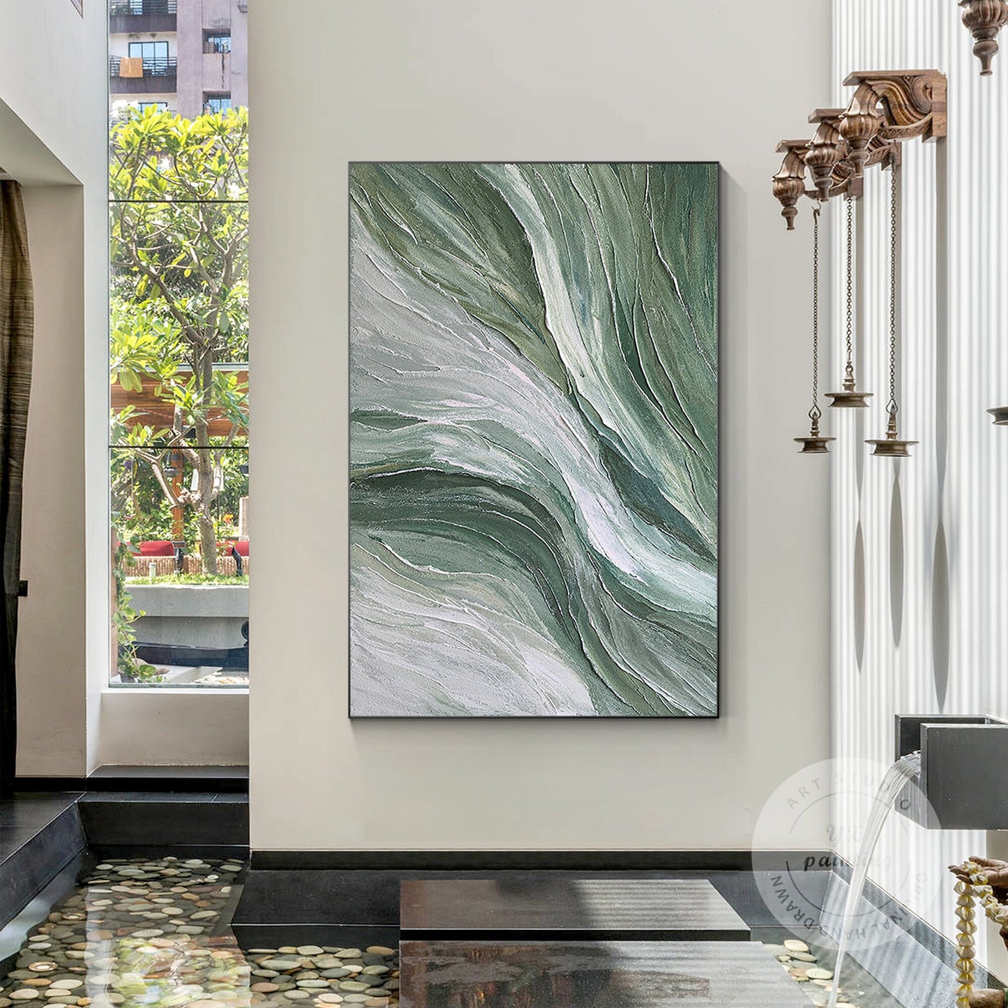 Sage Green Abstract Ocean Painting: Textured Coastal Wall Art #4