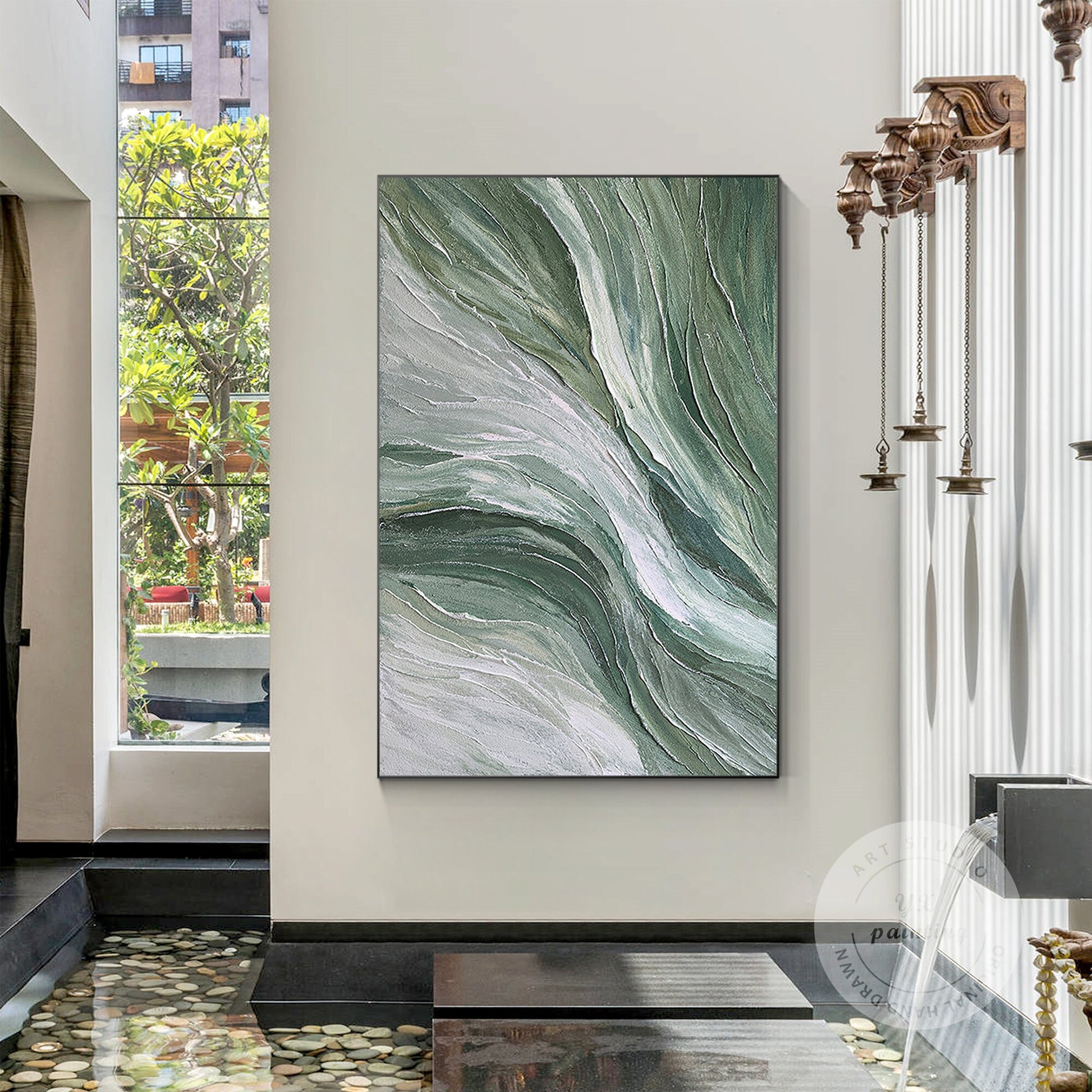 Sage Green Abstract Ocean Painting: Textured Coastal Wall Art #4