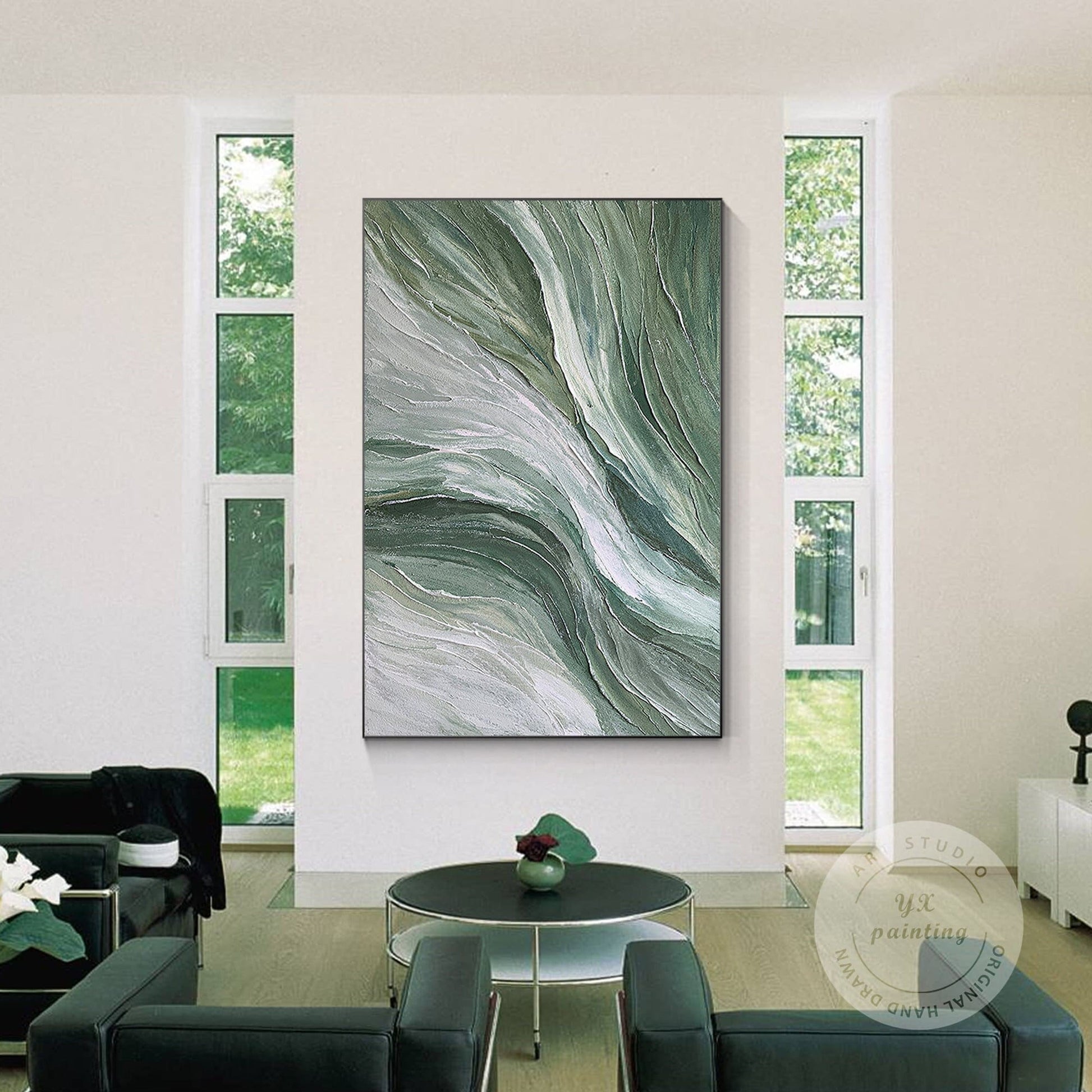 Sage Green Abstract Ocean Painting: Textured Coastal Wall Art #1