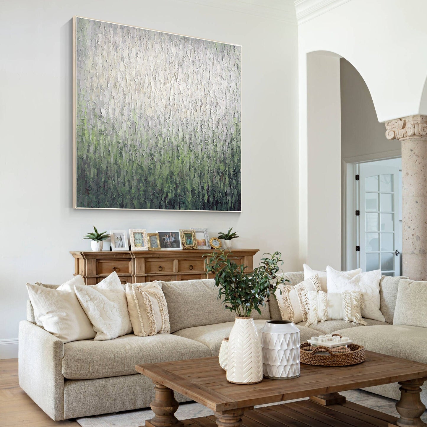 Sage Green Abstract Painting: Heavy Texture Square Wall Art #1