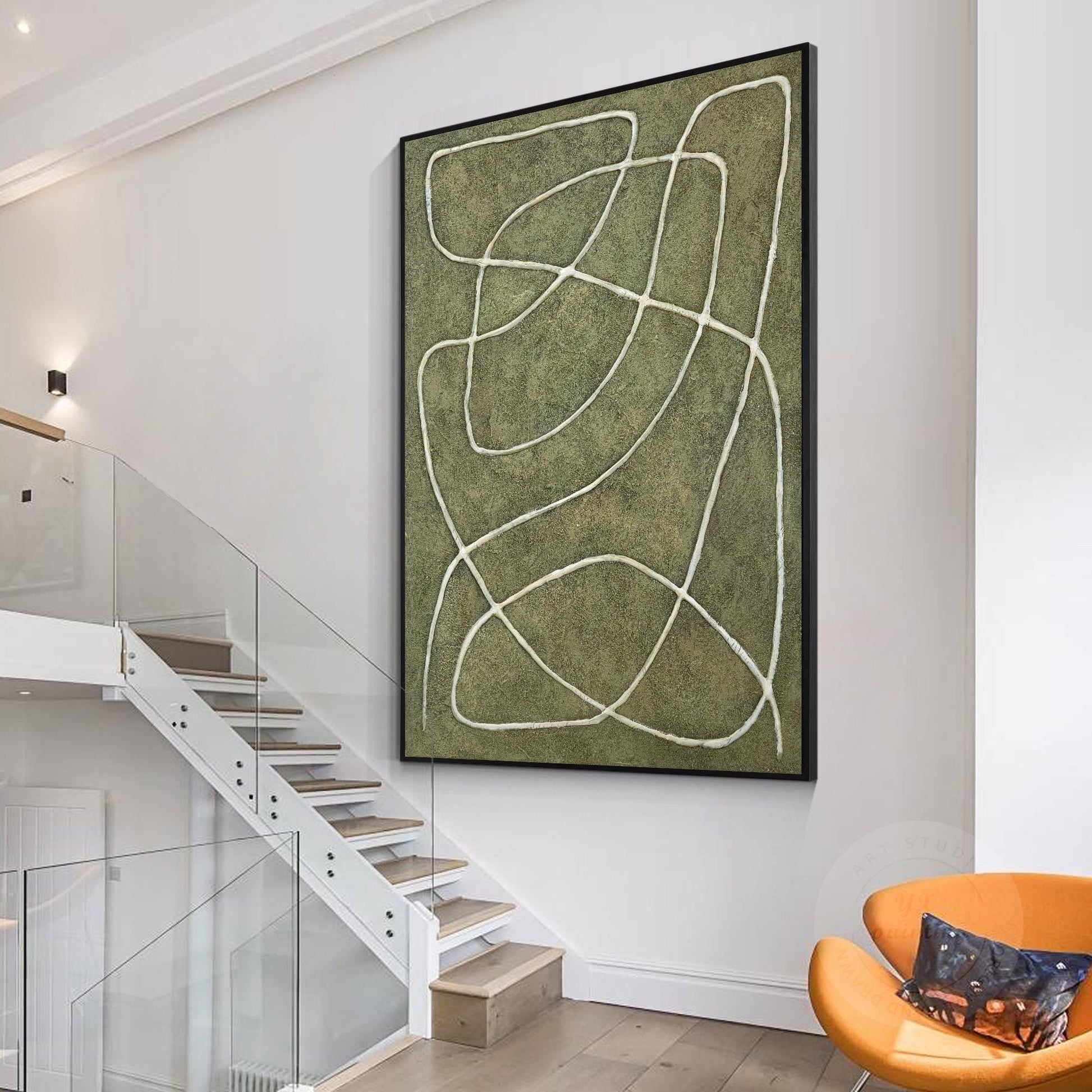 Sage Green Abstract Picasso Line Art – 3D Textured Canvas Painting, Minimalist W #4