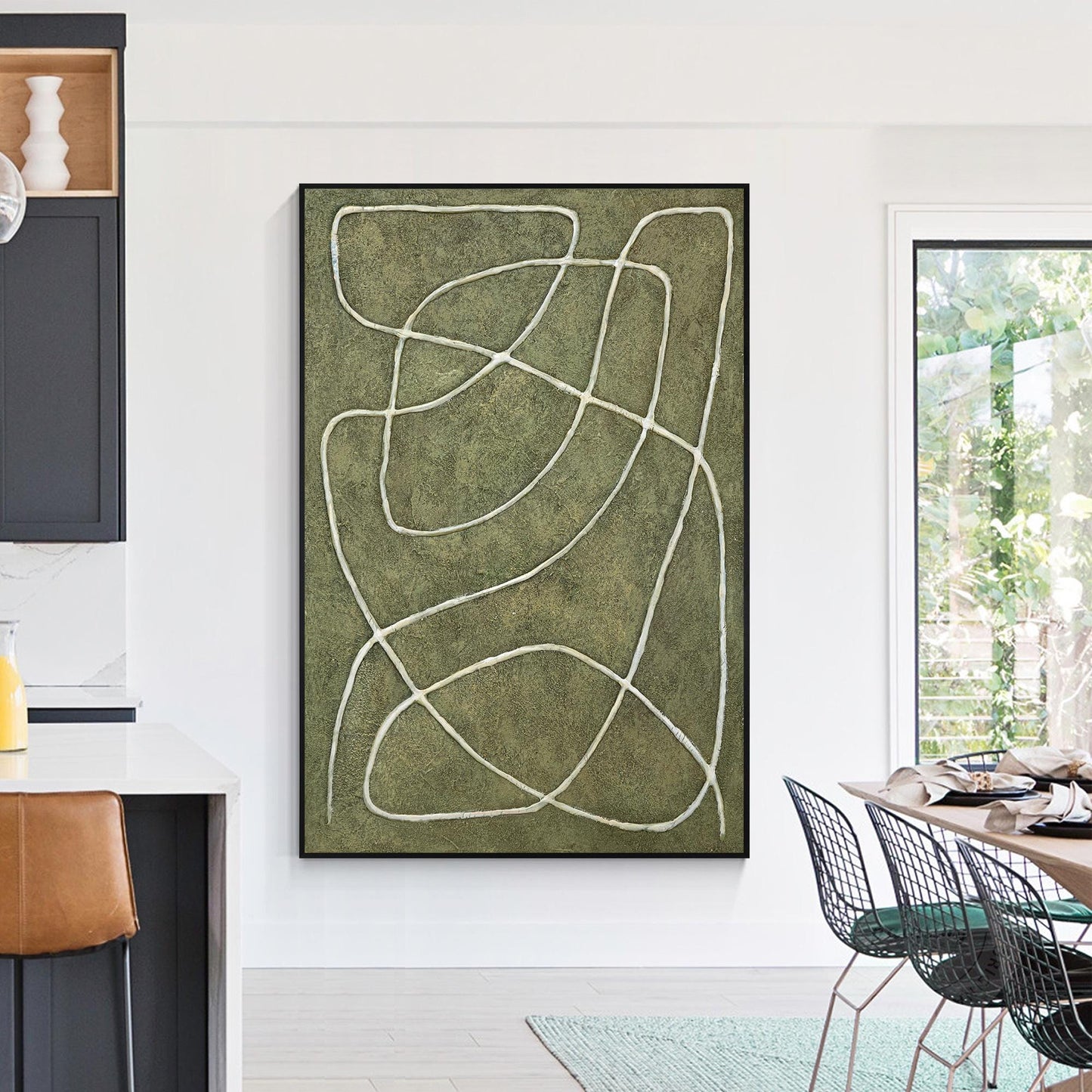 Sage Green Abstract Picasso Line Art – 3D Textured Canvas Painting, Minimalist W #5