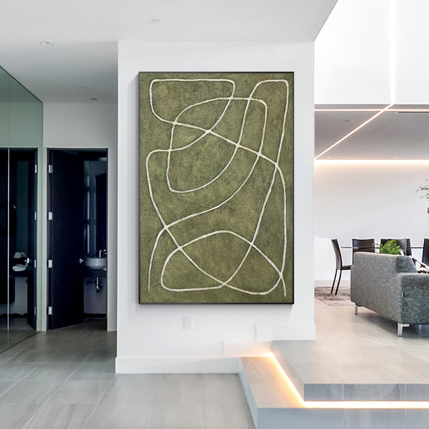 Sage Green Abstract Picasso Line Art – 3D Textured Canvas Painting, Minimalist W #1
