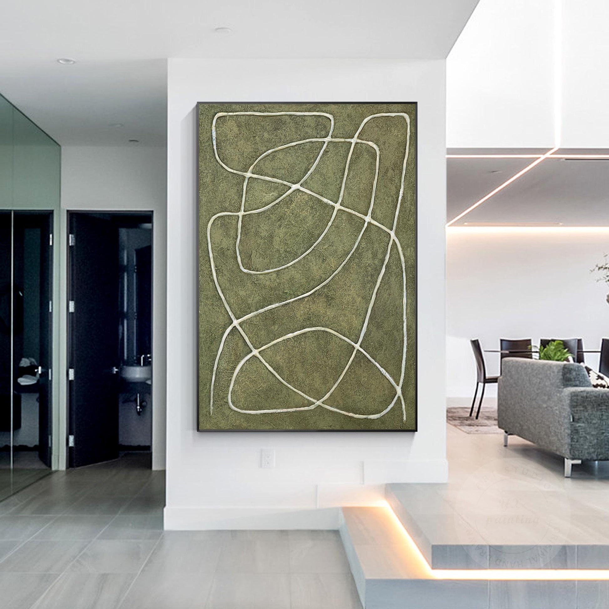 Sage Green Abstract Picasso Line Art – 3D Textured Canvas Painting, Minimalist W #1