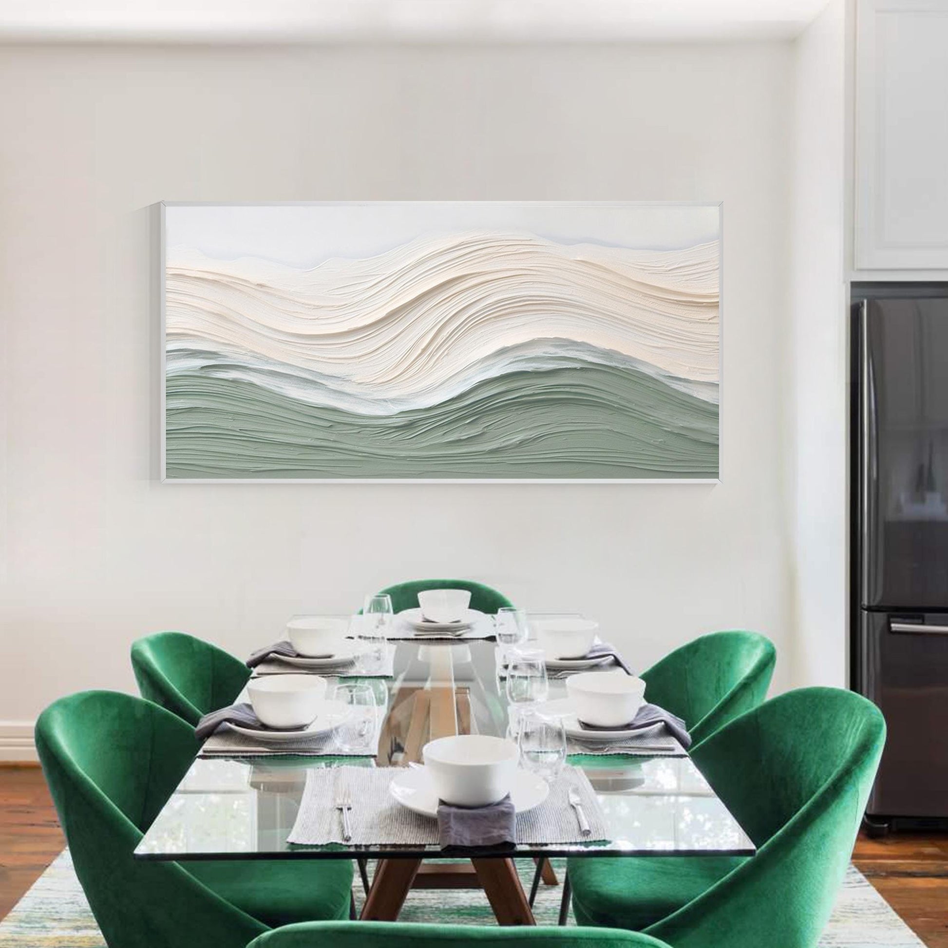 Sage Green Beige Ocean Waves Thick Textured Wall Art, Original Sea Abstract Hori #2