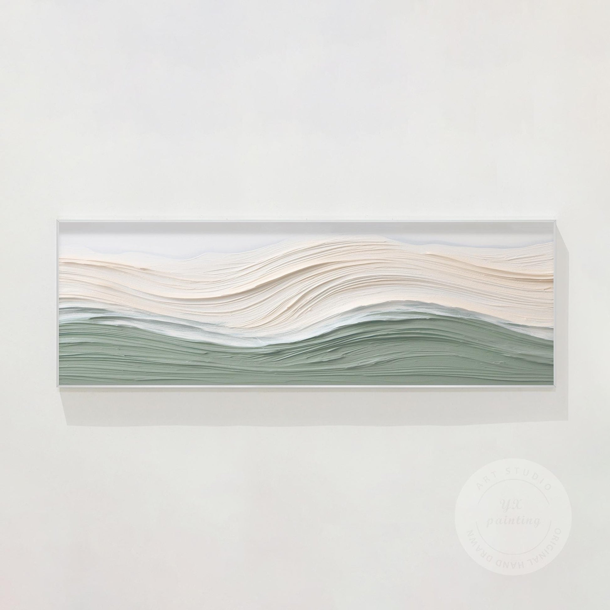 Sage Green Beige Ocean Waves Thick Textured Wall Art, Original Sea Abstract Hori #11