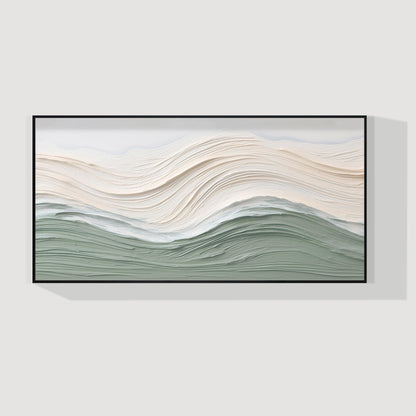 Sage Green Beige Ocean Waves Thick Textured Wall Art, Original Sea Abstract Hori #12