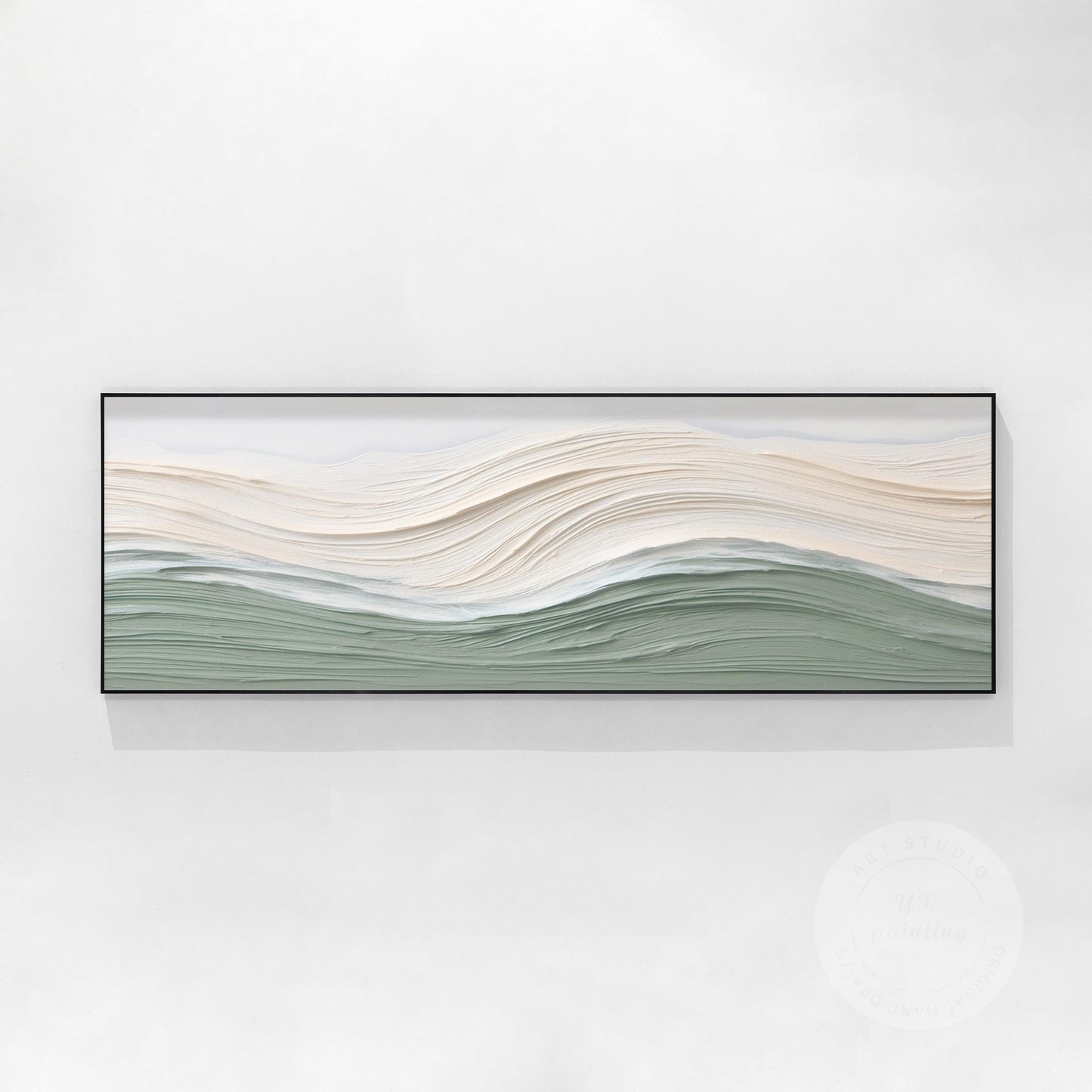 Sage Green Beige Ocean Waves Thick Textured Wall Art, Original Sea Abstract Hori #13