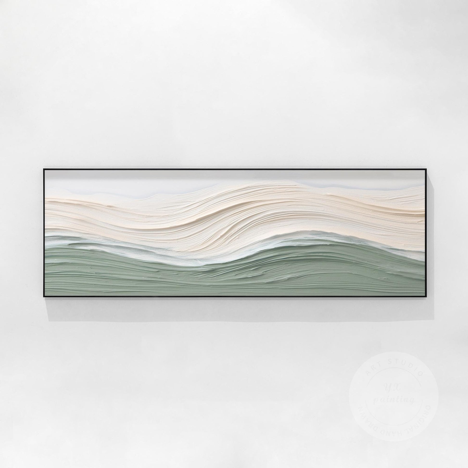 Sage Green Beige Ocean Waves Thick Textured Wall Art, Original Sea Abstract Hori #13