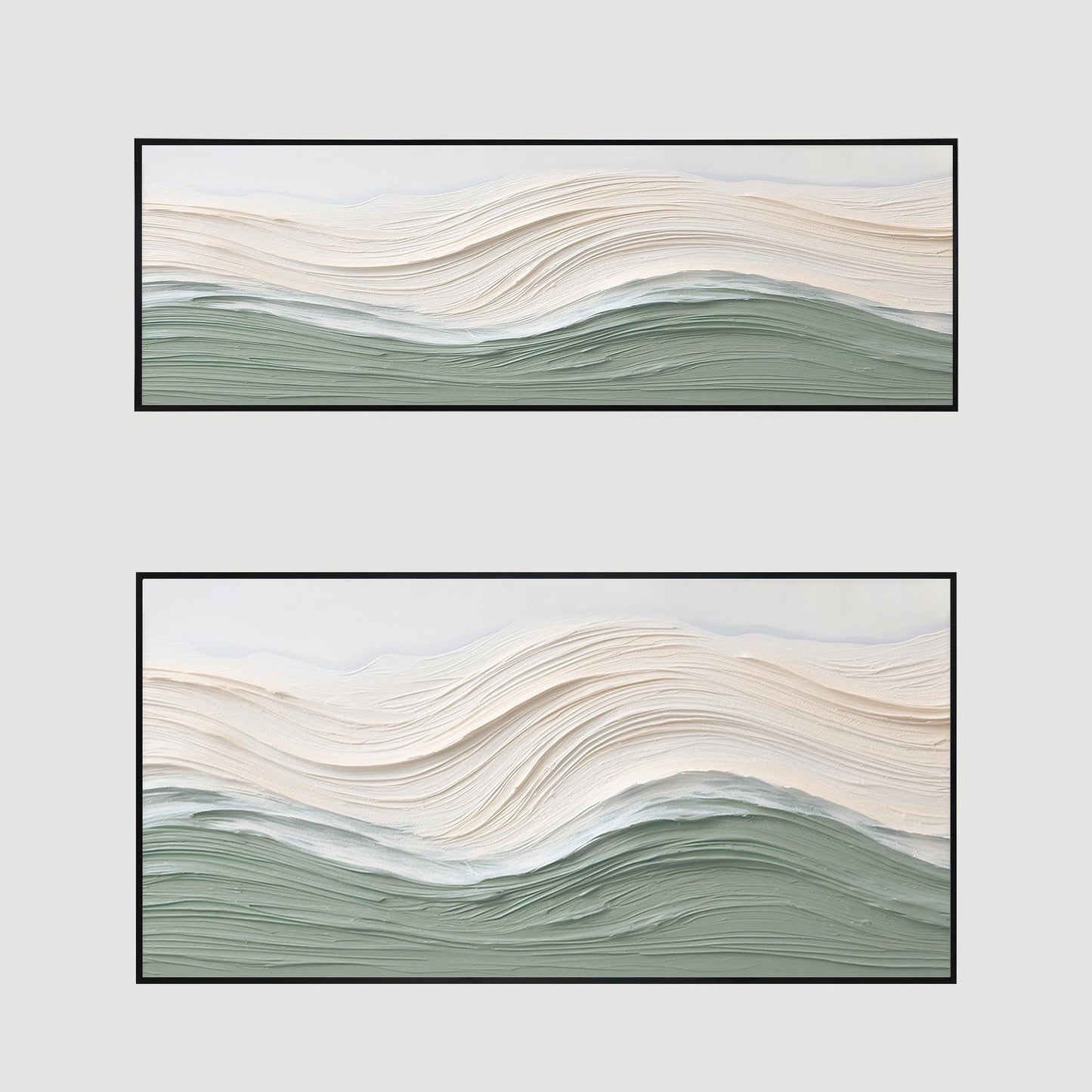 Sage Green Beige Ocean Waves Thick Textured Wall Art, Original Sea Abstract Hori #14