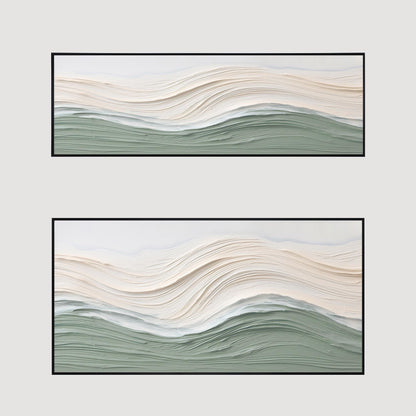 Sage Green Beige Ocean Waves Thick Textured Wall Art, Original Sea Abstract Hori #14