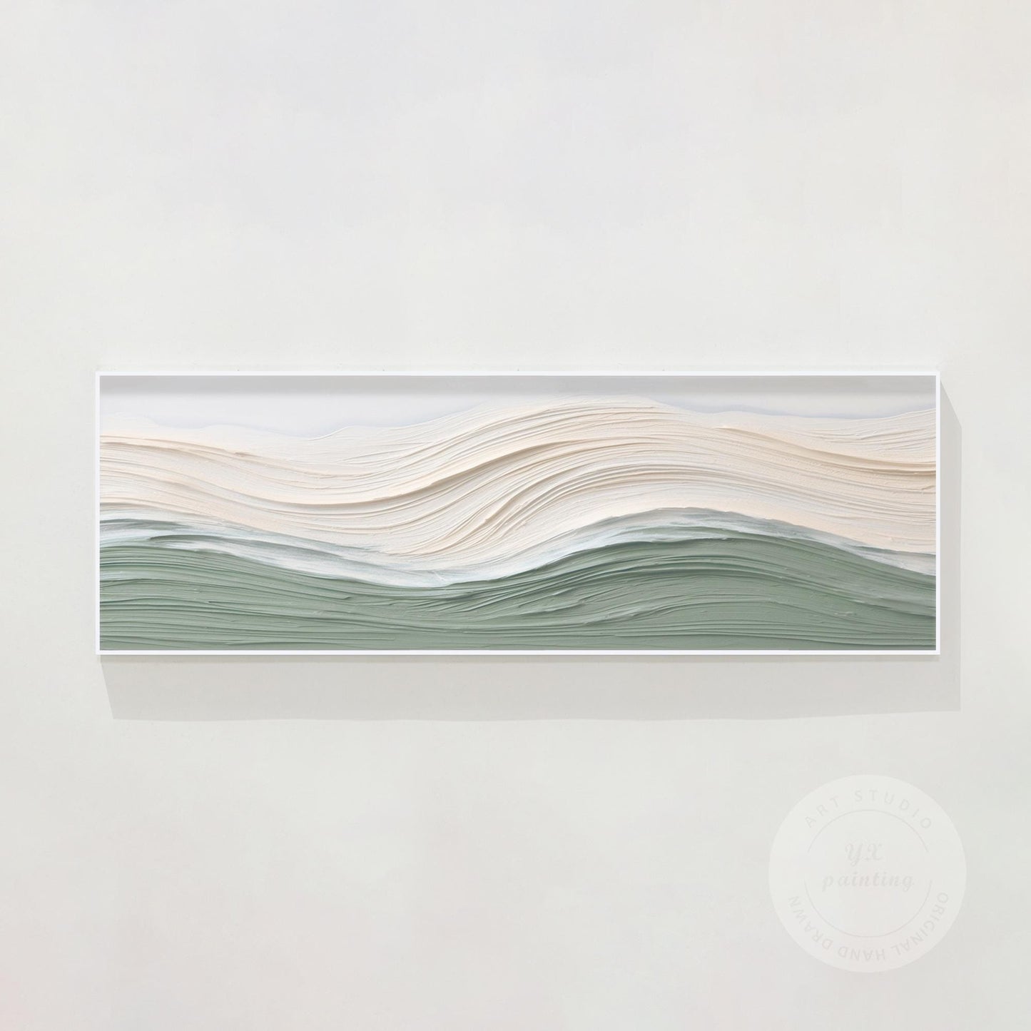 Sage Green Beige Ocean Waves Thick Textured Wall Art, Original Sea Abstract Hori #15