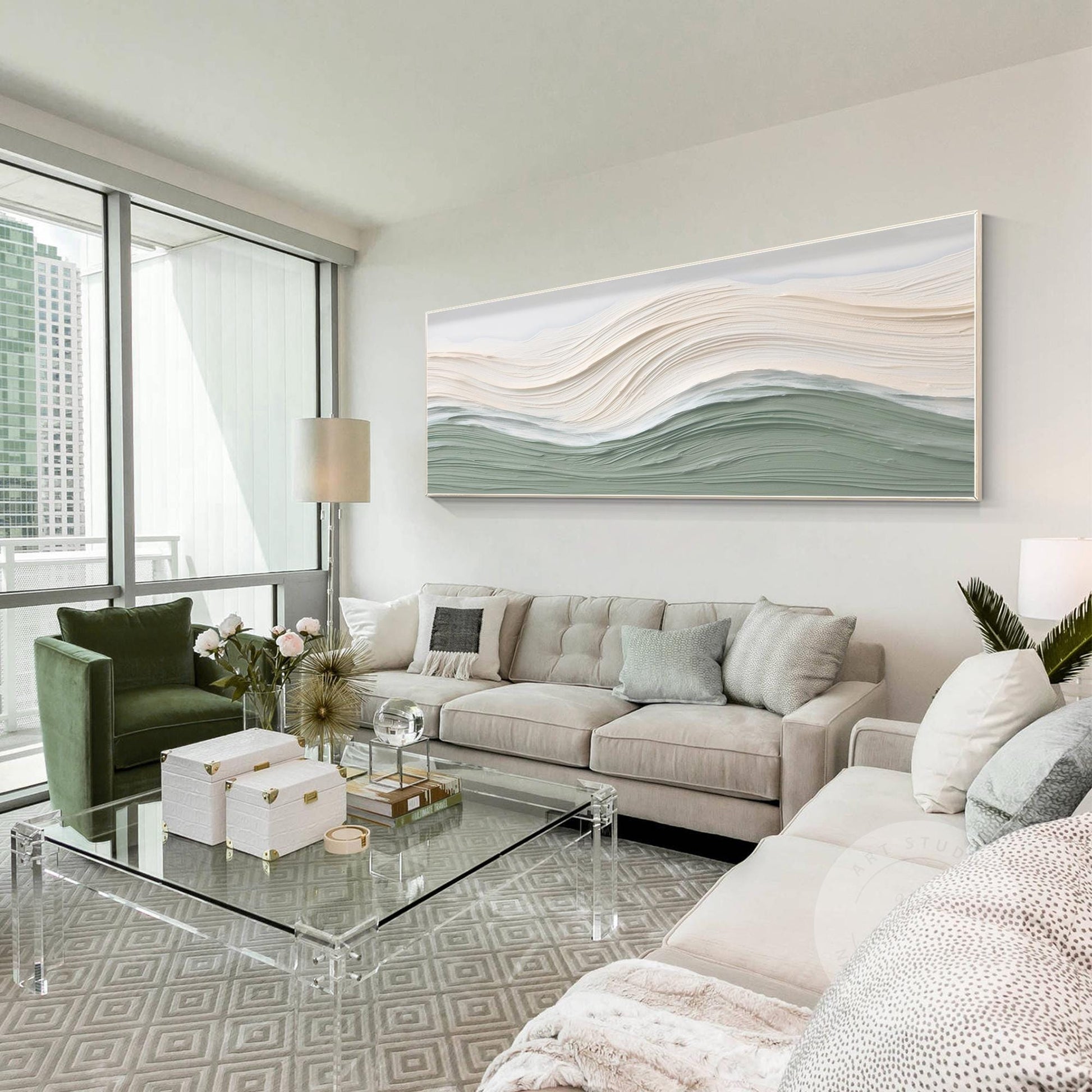 Sage Green Beige Ocean Waves Thick Textured Wall Art, Original Sea Abstract Hori #3