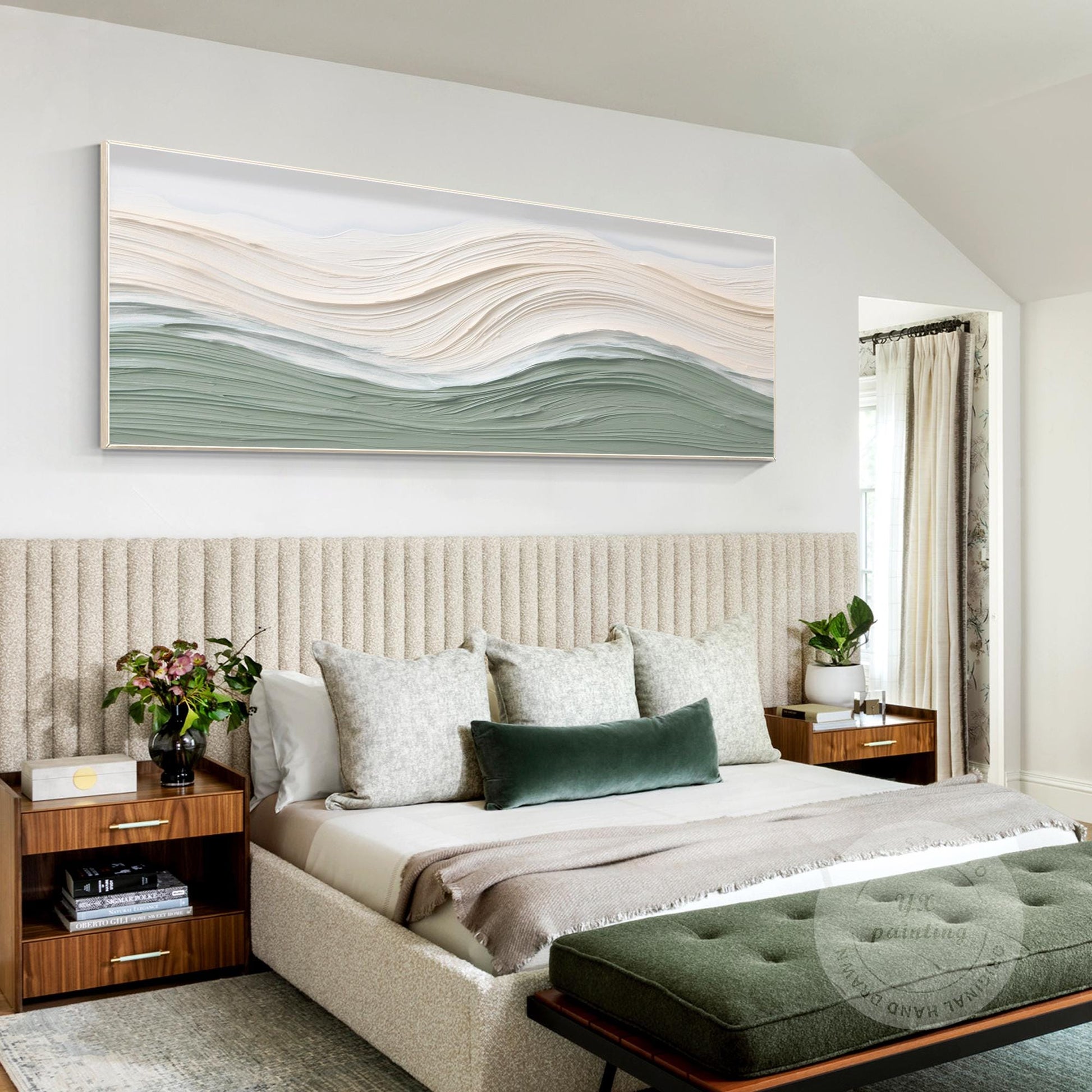 Sage Green Beige Ocean Waves Thick Textured Wall Art, Original Sea Abstract Hori #5