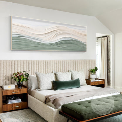 Sage Green Beige Ocean Waves Thick Textured Wall Art, Original Sea Abstract Hori #5