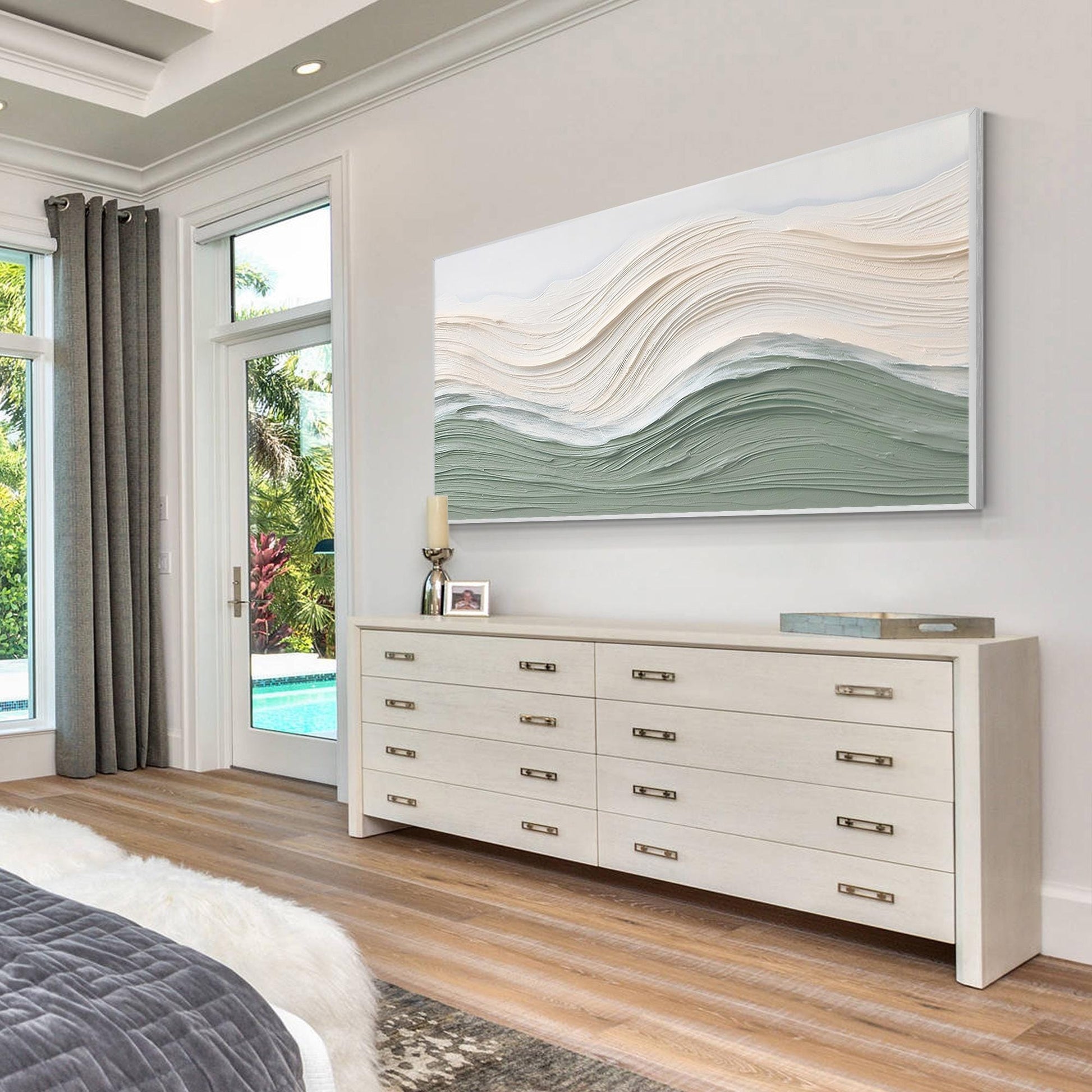 Sage Green Beige Ocean Waves Thick Textured Wall Art, Original Sea Abstract Hori #7