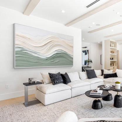Sage Green Beige Ocean Waves Thick Textured Wall Art, Original Sea Abstract Hori #8