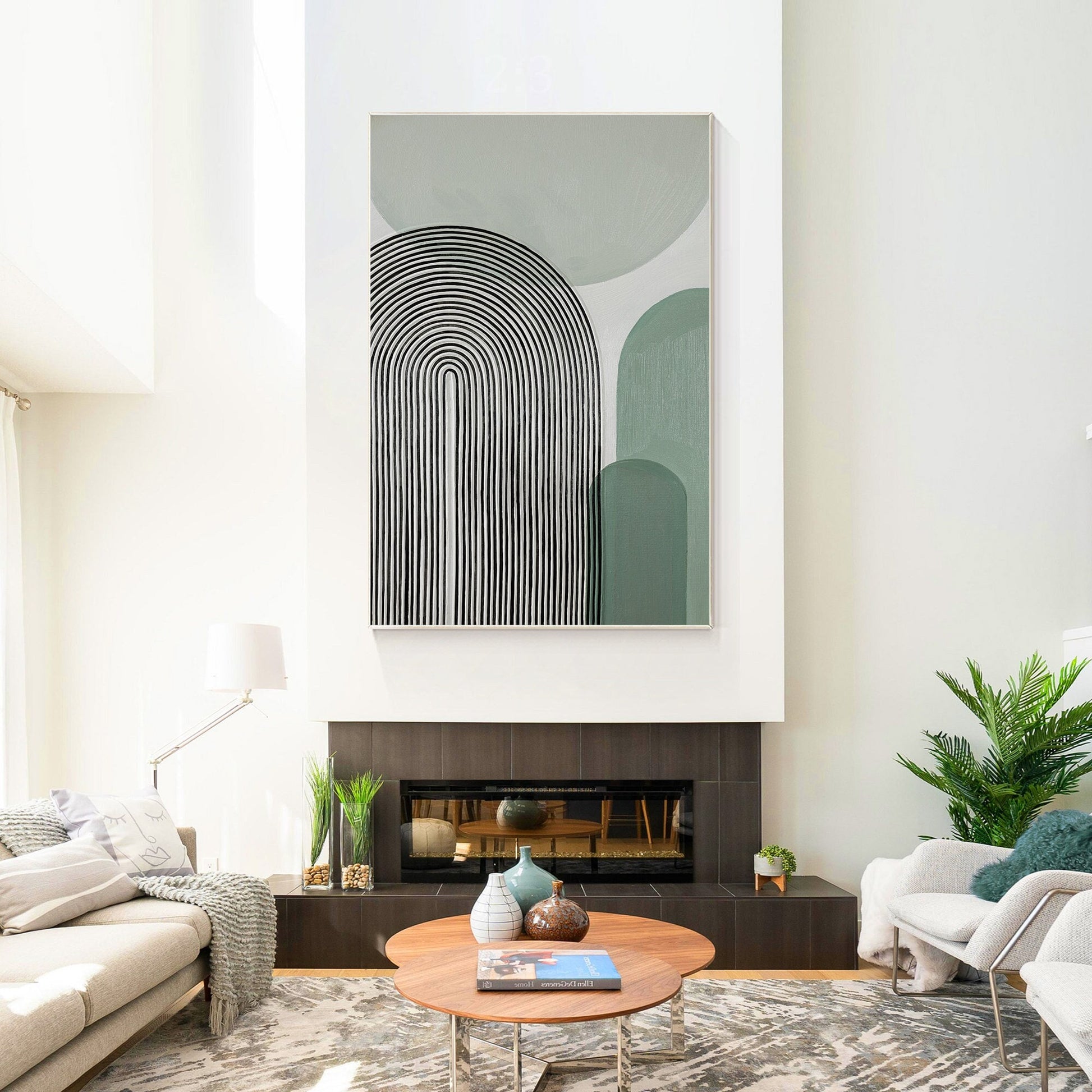 Sage Green Black Abstract Textured Painting On Canvas, Minimalist Wall Art Verti #1