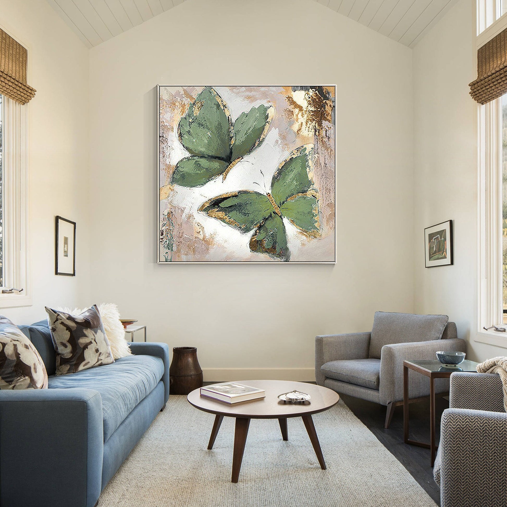Sage Green Butterfly Painting: Square Framed Wall Art #1