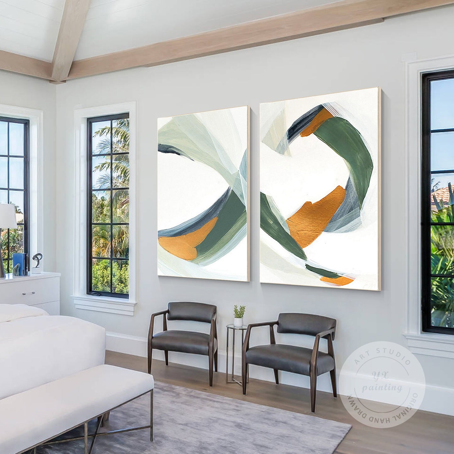 Sage Green Gold Minimalist Painting On Canvas Set of 2 Pieces Sage Green Paintin #2