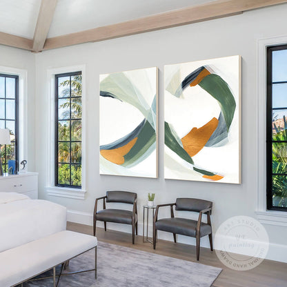 Sage Green Gold Minimalist Painting On Canvas Set of 2 Pieces Sage Green Paintin #2