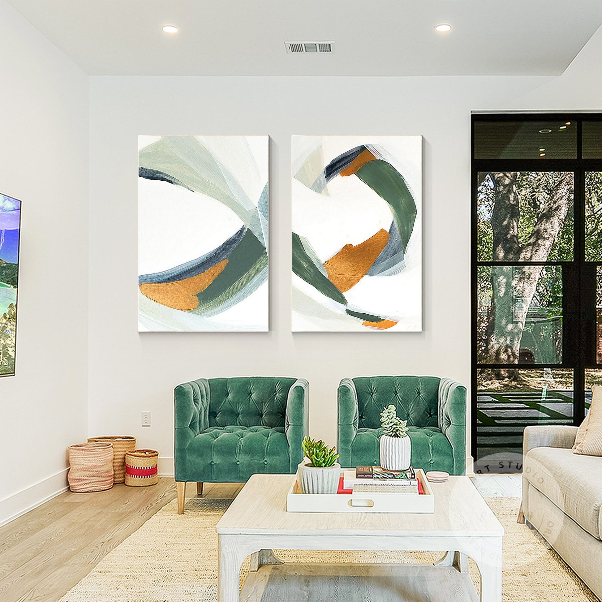Sage Green Gold Minimalist Painting On Canvas Set of 2 Pieces Sage Green Paintin #3