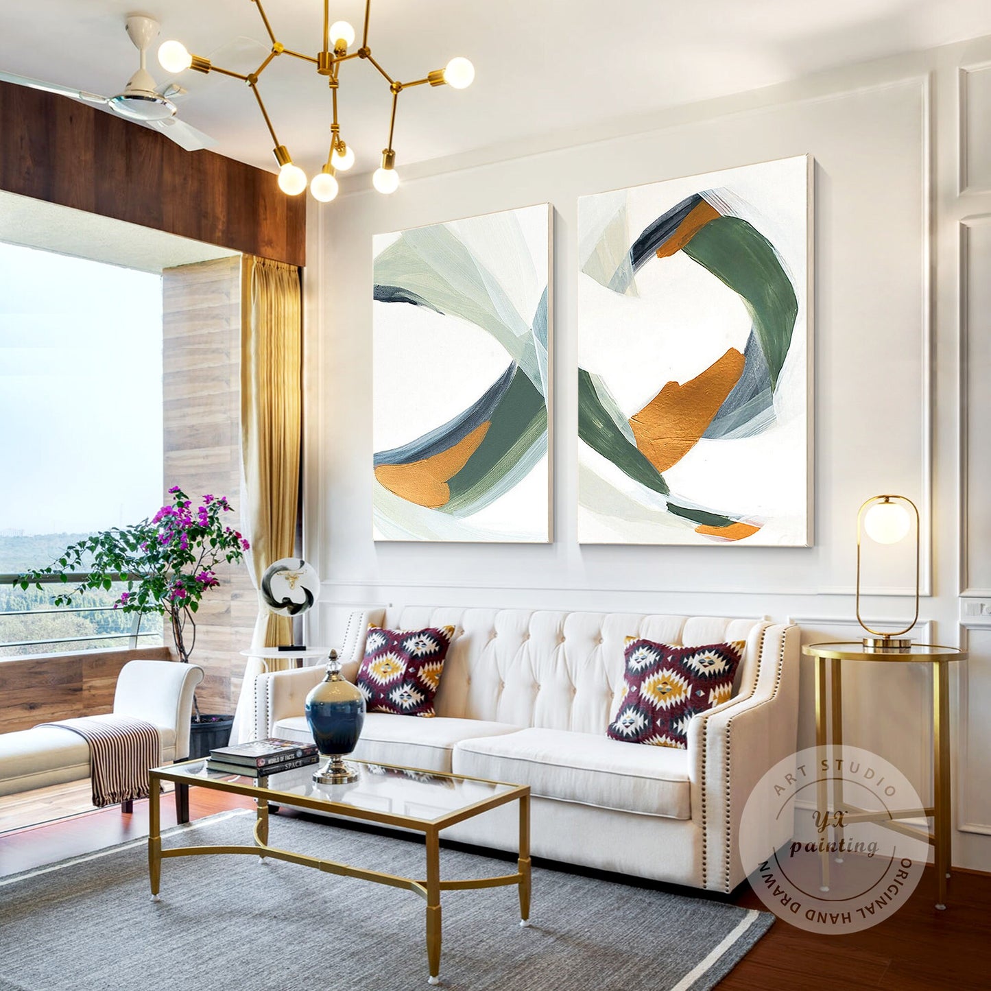 Sage Green Gold Minimalist Painting On Canvas Set of 2 Pieces Sage Green Paintin #4